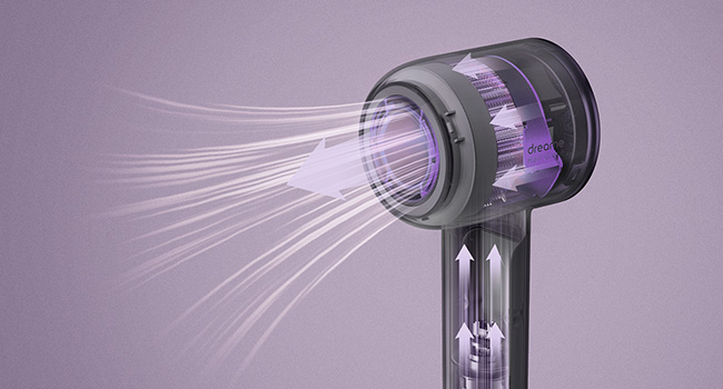 Le texte indique « Image 3 ». Séquence teintée de violet montrant un sèche-cheveux au design innovant, montrant des motifs de flux d'air avec des stries claires sur fond violet.