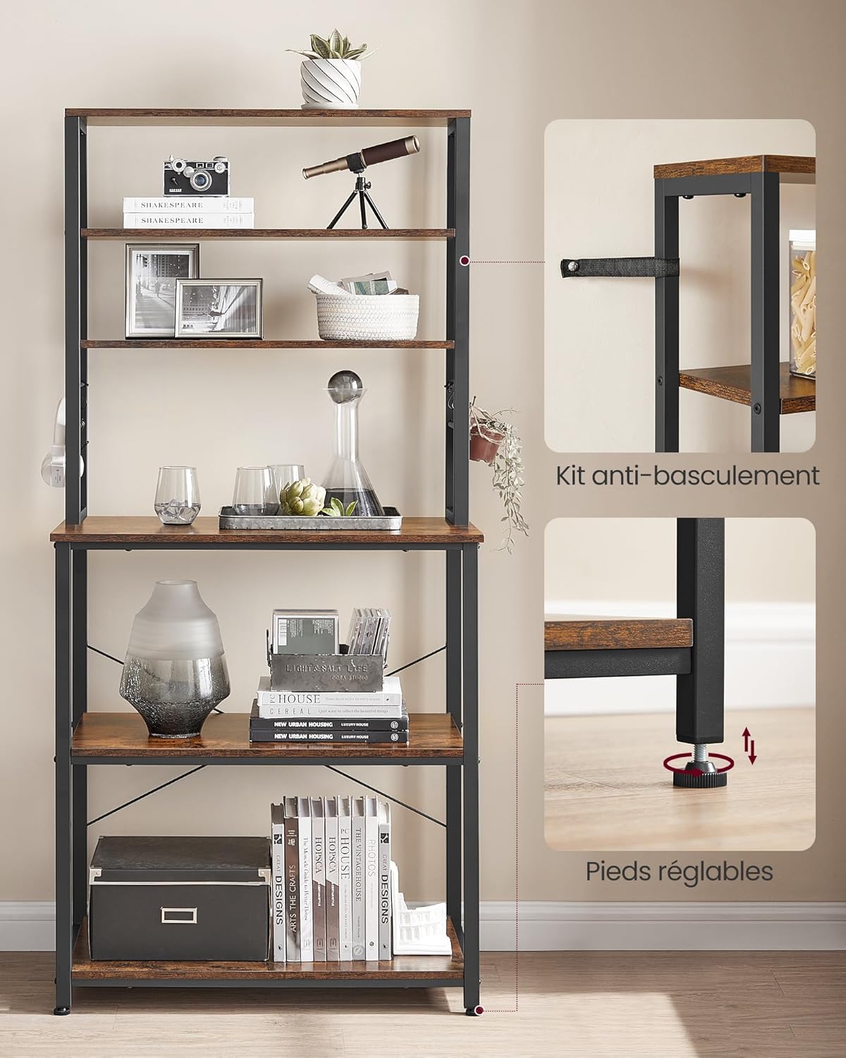 VASAGLE - étagère cuisine industrielle 40x80x167cm, 6 niveaux, crochets - KKS019B01