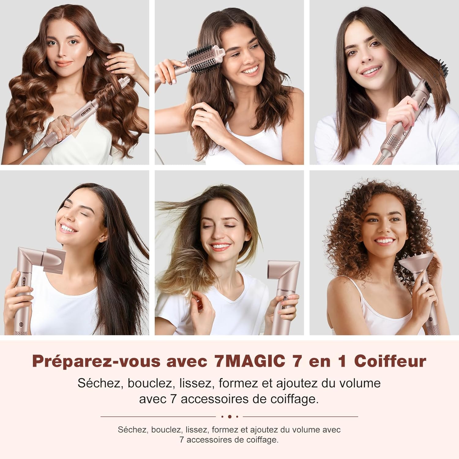 7MAGIC - Air Styler multifonction 7 en 1 - sèche, lisse, boucle, ions, avec boîte de voyage
