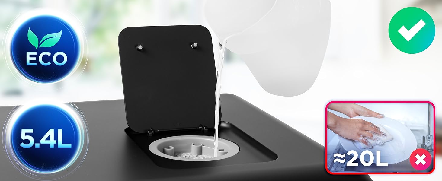 Image du produit montrant l'étiquette ECO avec indicateurs « 5,4 L » et « > 20 L », avec des composants en noir et blanc de ce qui semble être un appareil ou un appareil.