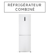Le texte indique « RÉFRIGÉRATEUR COMBINÉ ». Réfrigérateur-congélateur combiné blanc à deux portes avec poignées verticales.