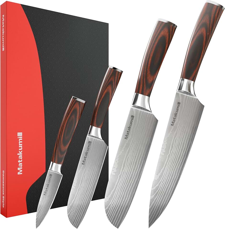 Matakumi - Set cuisine japonais, 4 pièces, acier carbone, poignée ergonomique, motif damassé gravé