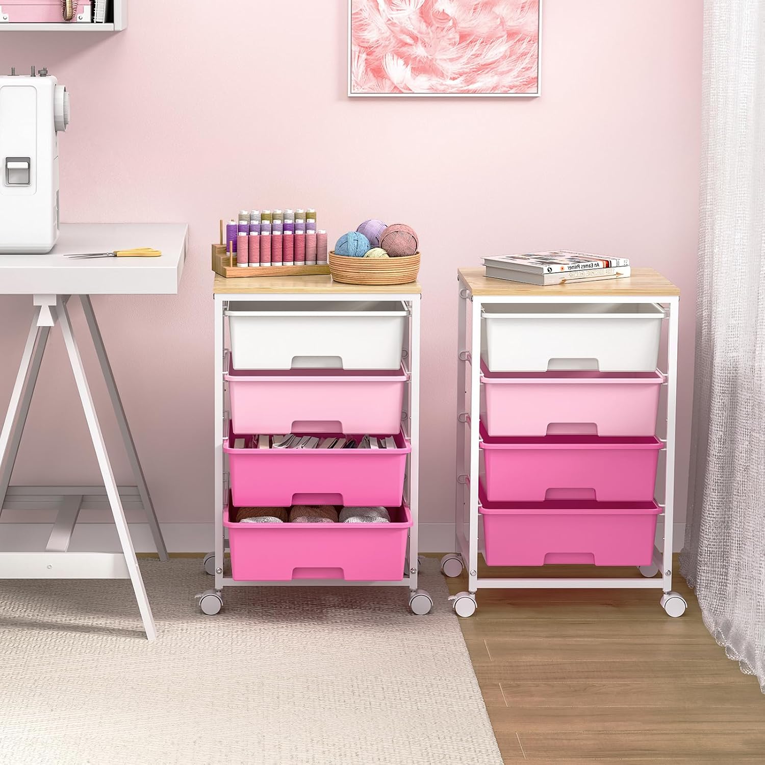 Chariot de rangement 4 tiroirs, plateau bois, roulettes, grande capacité, rose