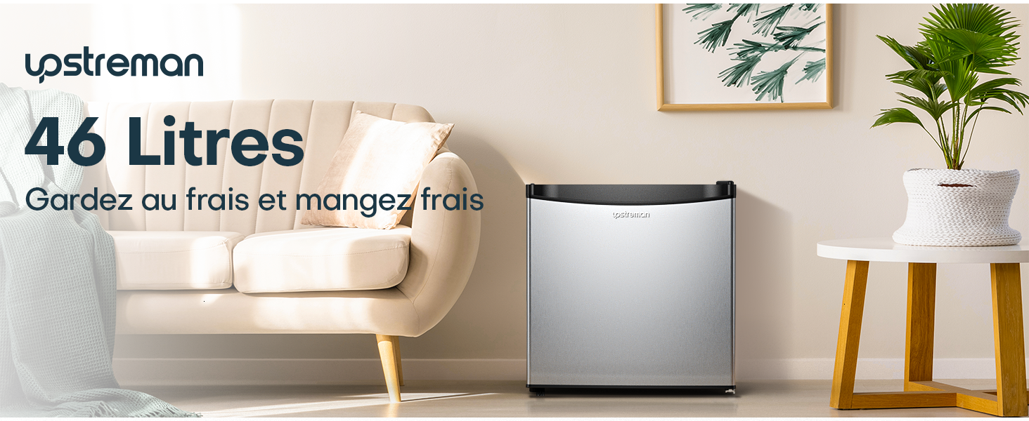 d'une capacité de 46 litres, illustré dans le salon. Comprend le nom de marque Lostreman et un texte en français sur la conservation