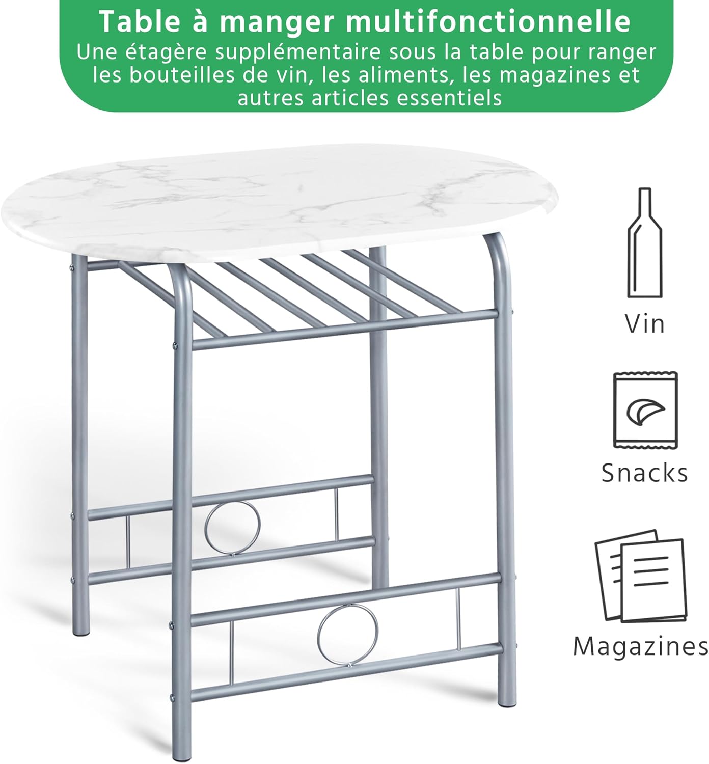Yaheetech – Ensemble table ronde, 2 chaises, bois MDF, métal, porte-bouteilles, pour petit espace, Studio Blanc