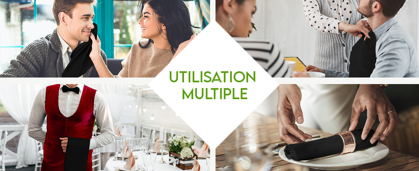 présentant de multiples utilisations : interaction sociale, réunion d'affaires, barman et préparation des repas. Texte « UTILISATION MULTIPLE » superposé