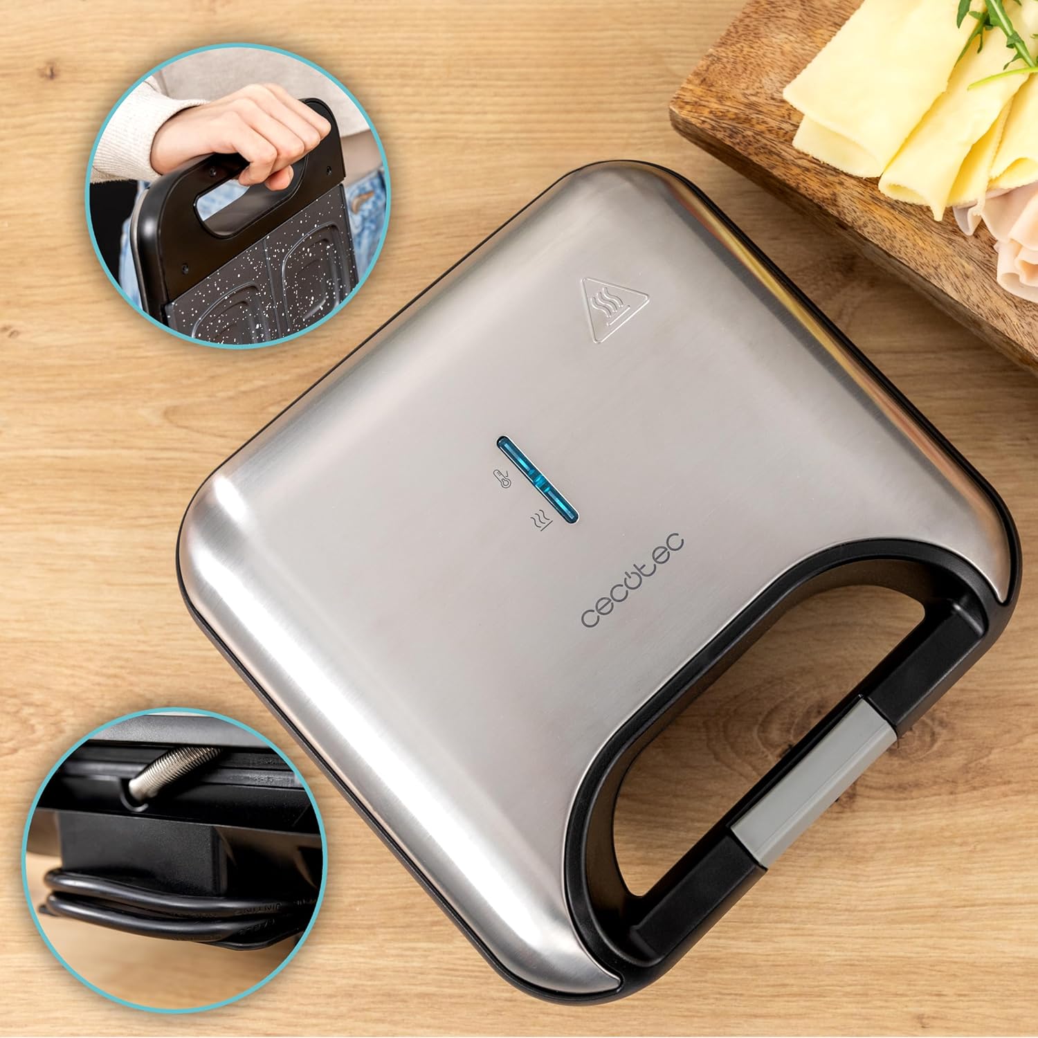 Cecotec - Rock'nToast Square - gaufrier compact inox 800W, plaques antiadhésives, revêtement pierre