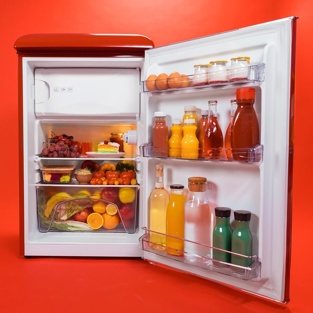 Cecotec - Bolero CoolMarket TT - 110L - mini frigo rétro, classe E, éclairage LED, poignée chromée, étagères verre, roug
