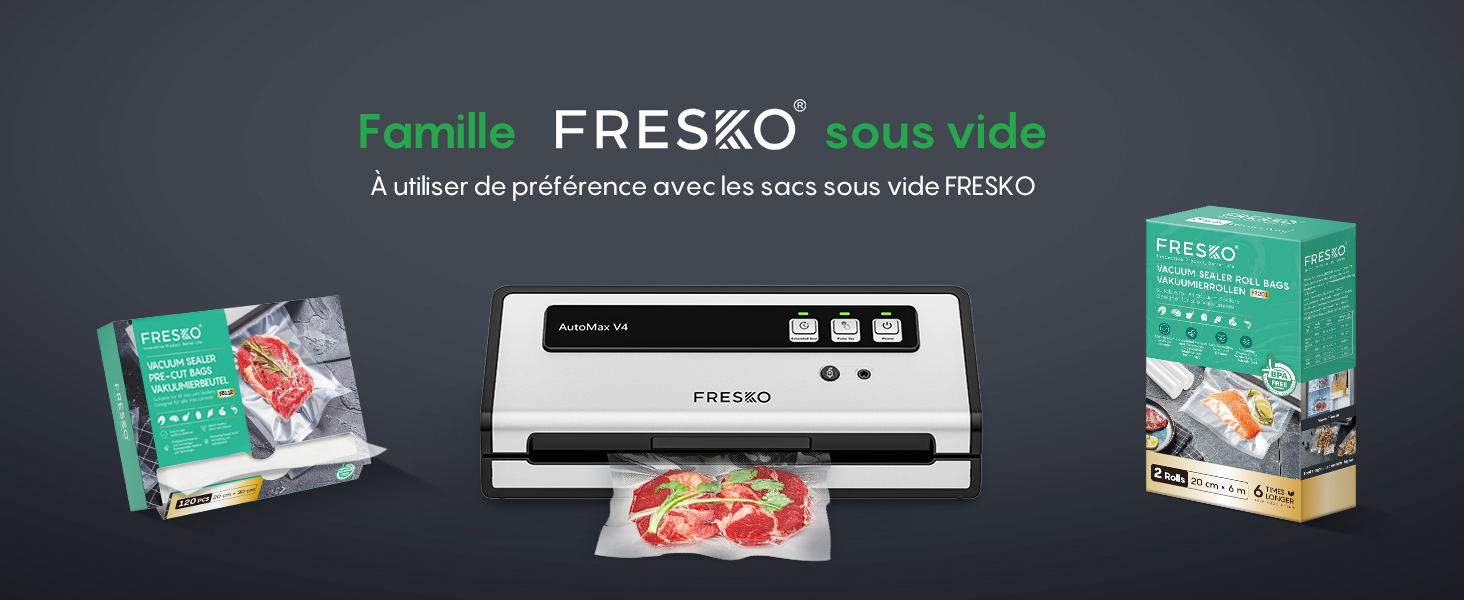Le texte indique « Image 4 » et « Family FRESKO sous vidéo ». Affichage du produit identique à l'image 2 montrant une machine à sceller sous vide avec emballage alimentaire et boîte verte.