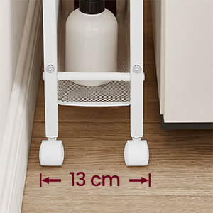 Séchoir à linge ajustable blanc avec bras extensibles. Gros plan de la base montrant une largeur de 13 cm entre les pieds.