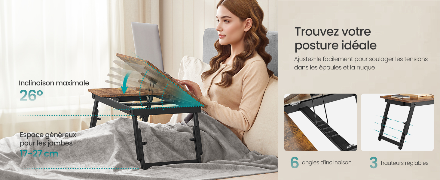Le texte se lit comme suit : « Trouvez votre posture idéale ». Plusieurs panneaux montrant le support pour ordinateur portable ou le rehausseur de bureau en cours d'utilisation avec différents réglages de hauteur dans le cadre du bureau à domicile.