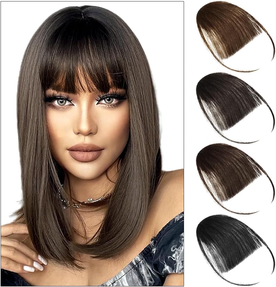 Postiche frange à clip synthétique, marron foncé, temples naturels