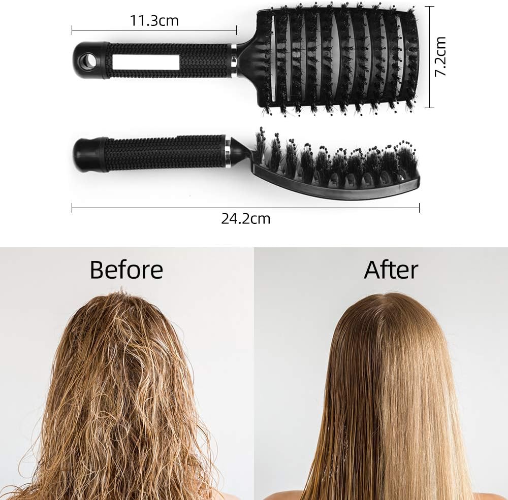 URAQT - Brosse à cheveux incurvée - poils de sanglier, séchage rapide, massage, démêlante - noire