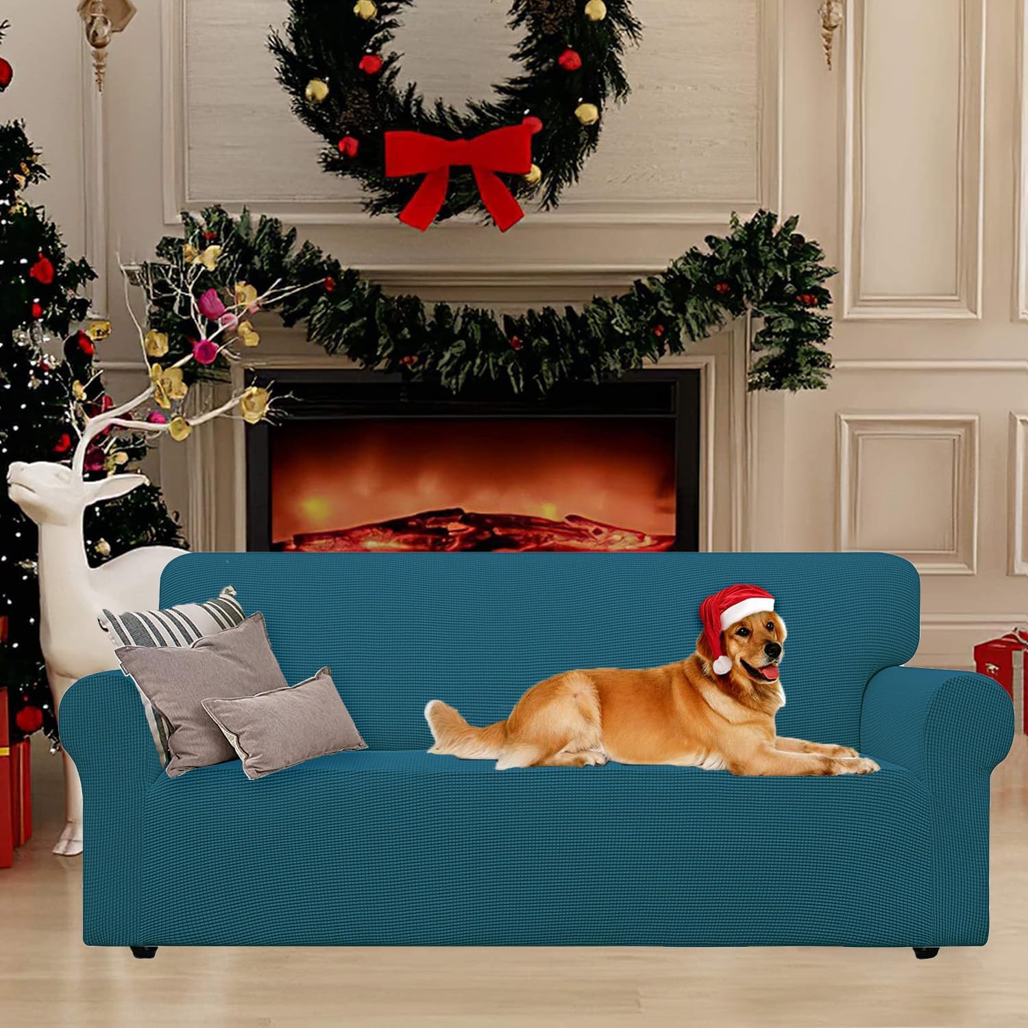 Housse canapé 3 places extensible vert foncé, largeur 183-234cm, anti-salissure