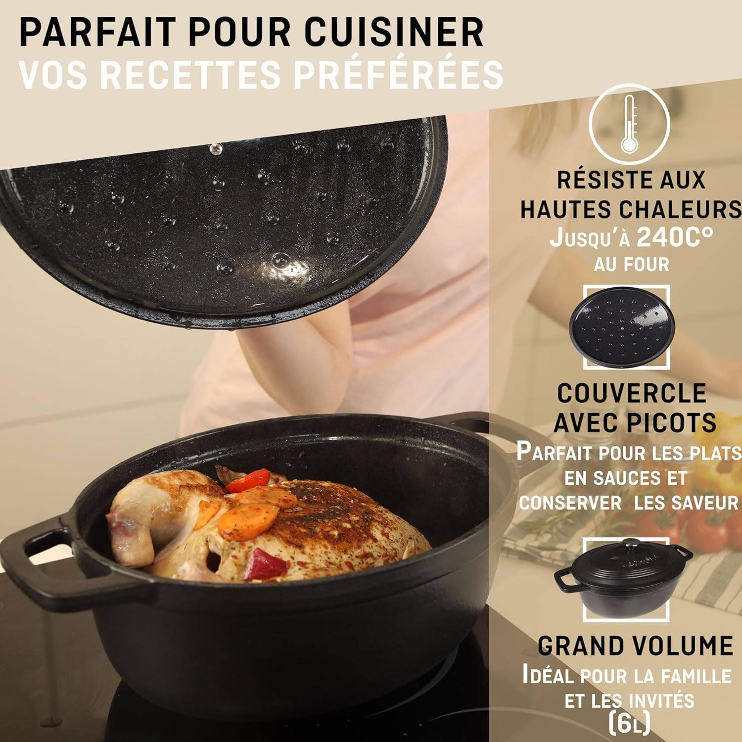 VeoHome - Cocotte fonte émaillée ovale 6L - noir mat, ultra résistante, induction, four, couvercle relief