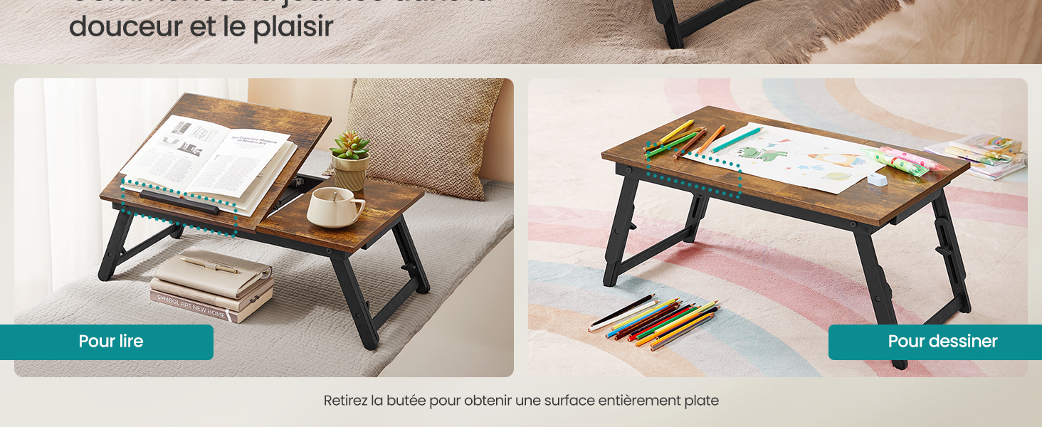 Bureau pour ordinateur portable en bois avec pieds réglables et zone de tapis de souris, illustré sur fond beige. Dispose d'un mécanisme de pliage et d'un design ergonomique.