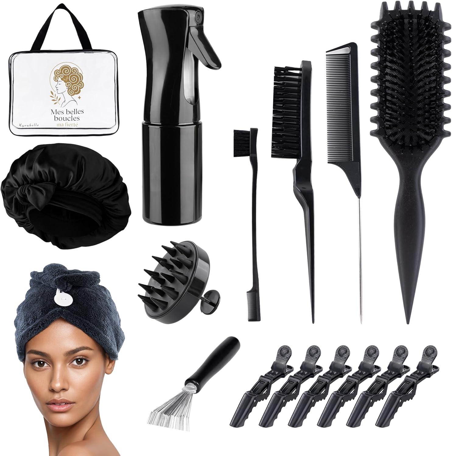 Kit Cheveux Bouclés - ensemble complet - brosse, bonnet satin, accessoires, anti-frisottis, sans chaleur