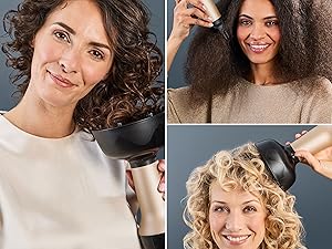 Plusieurs images montrant des personnes utilisant des outils et des produits de coiffure sur cheveux bouclés, démontrant diverses techniques de soin des cheveux