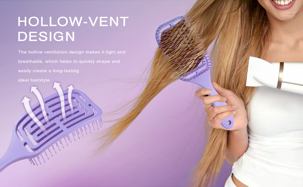 Le texte indique « CONCEPTION À ÉVENT CREUX ». Démonstration de produit montrant un outil de coiffure avec des éléments de design violets sur fond lilas.