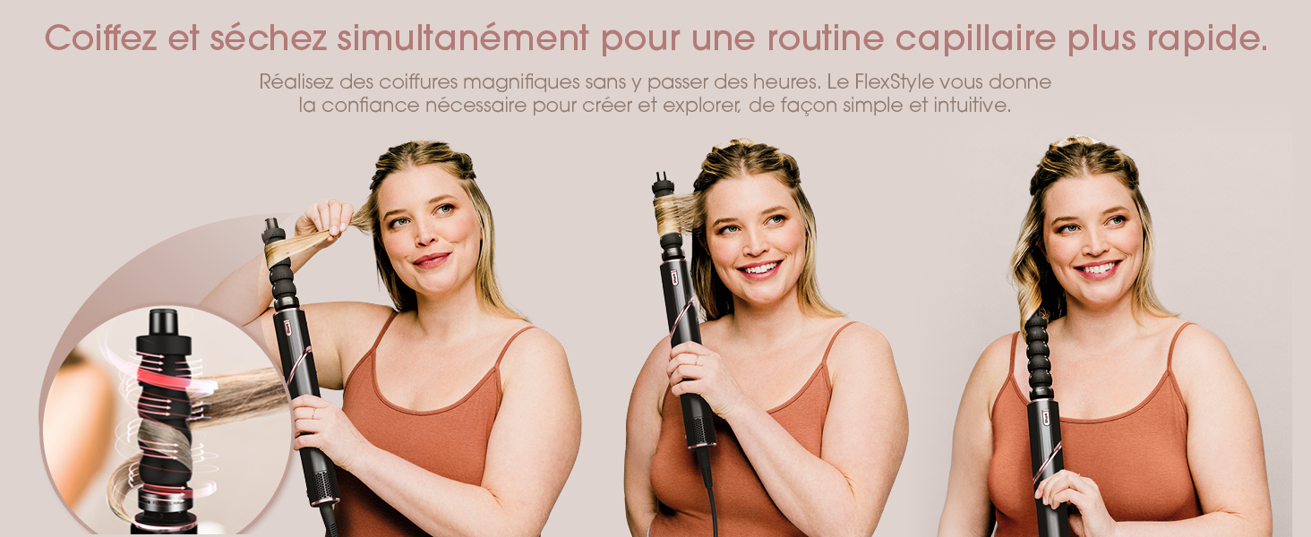 Le texte se lit comme suit : « Coiffez et séchez simultanément pour une routine capillaire plus rapide ». Image à trois panneaux montrant une démonstration de coiffure.
