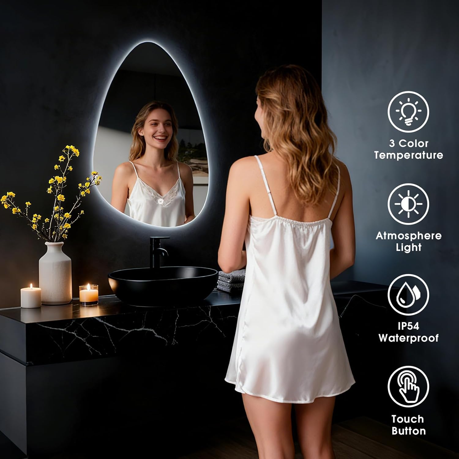 Miroir de Salle de Bain - LED, tactile, 3 couleurs, 60x40 cm