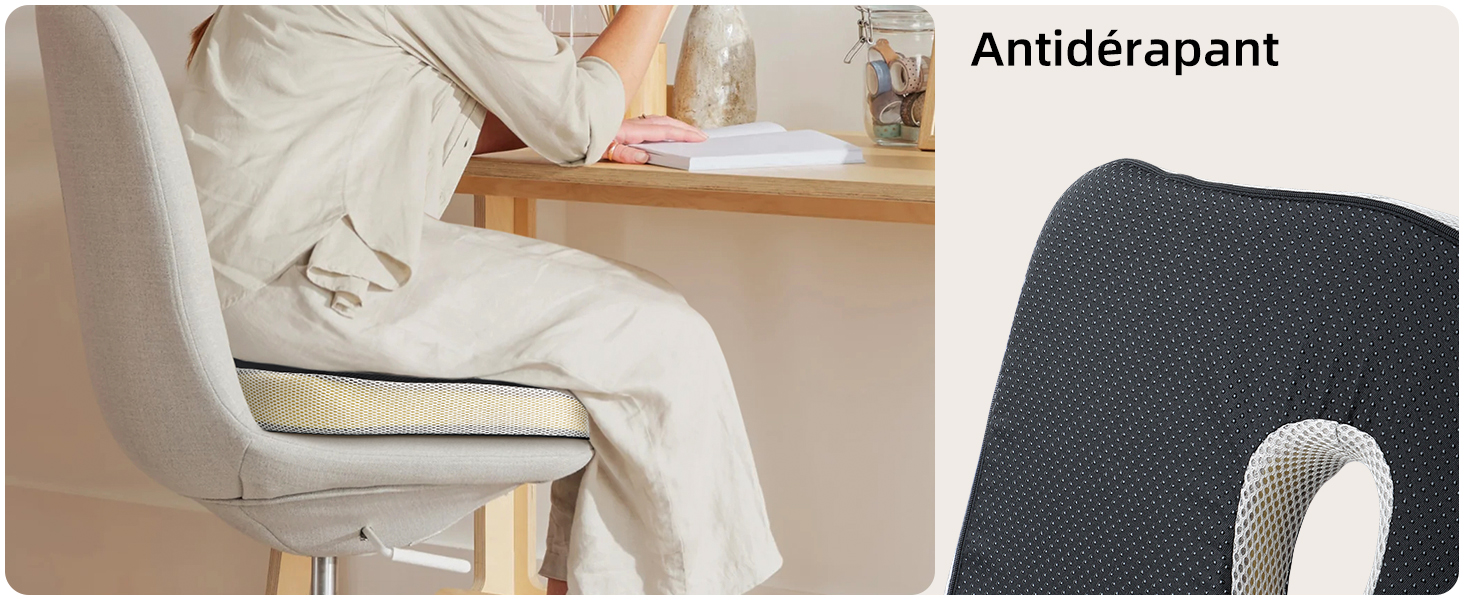 Coussin de chaise ergonomique à texture antidérapante, illustré en cours d'utilisation sur une chaise et gros plan de la surface texturée étiquetée «