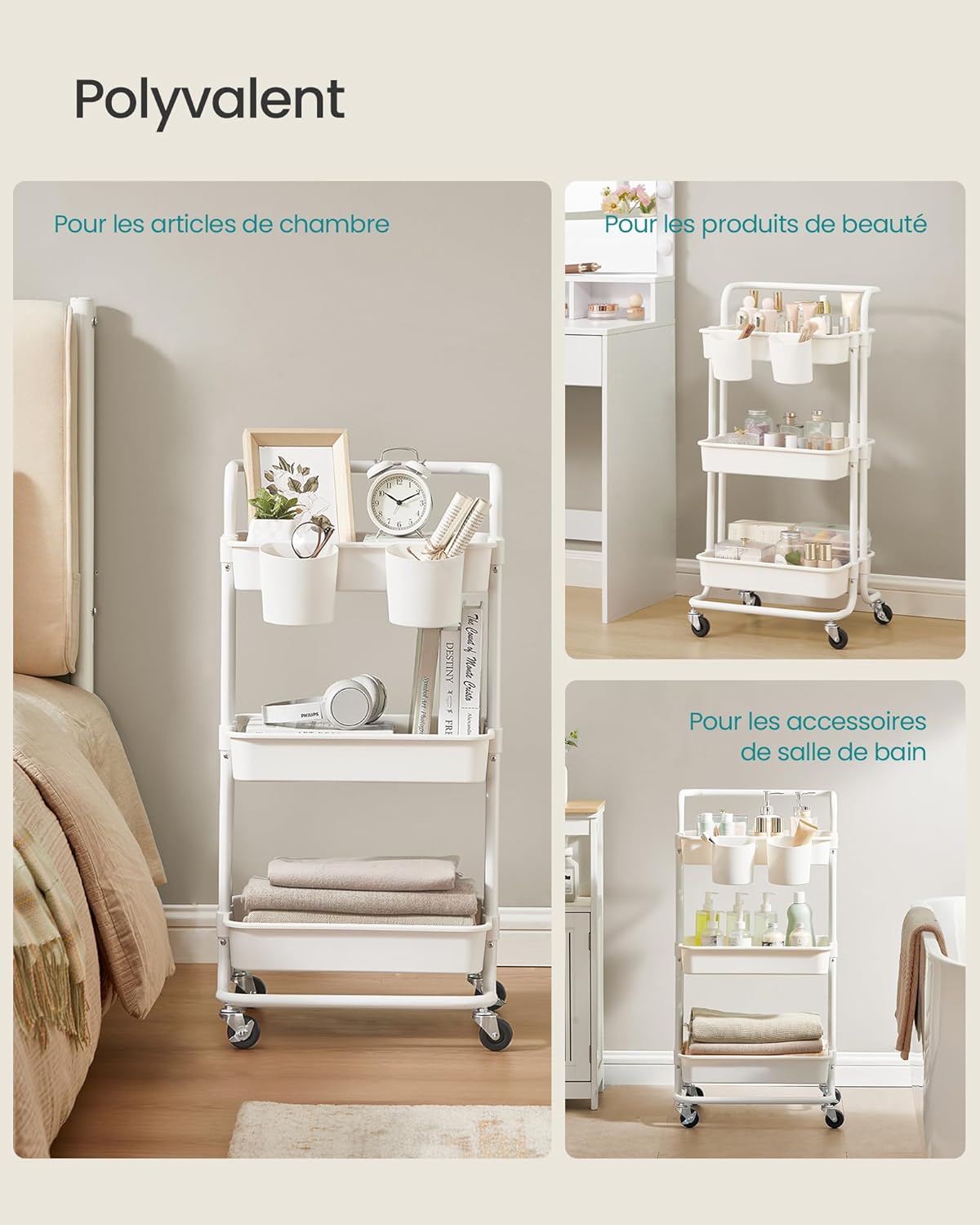 SONGMICS - chariot de rangement 3 niveaux - blanc - 2 pots, 2 freins, poignée, paniers plastiques - BSC067W01