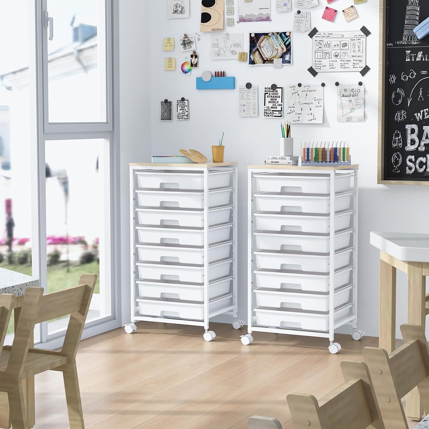 Chariot de salle de bain - 8 tiroirs, roulettes, grand plateau bois, blanc