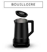Le texte indique « BOUILLOIRE ». Plusieurs vues d'une bouilloire électrique noire mate avec poignée et bec verseur, montrées sous différents angles.