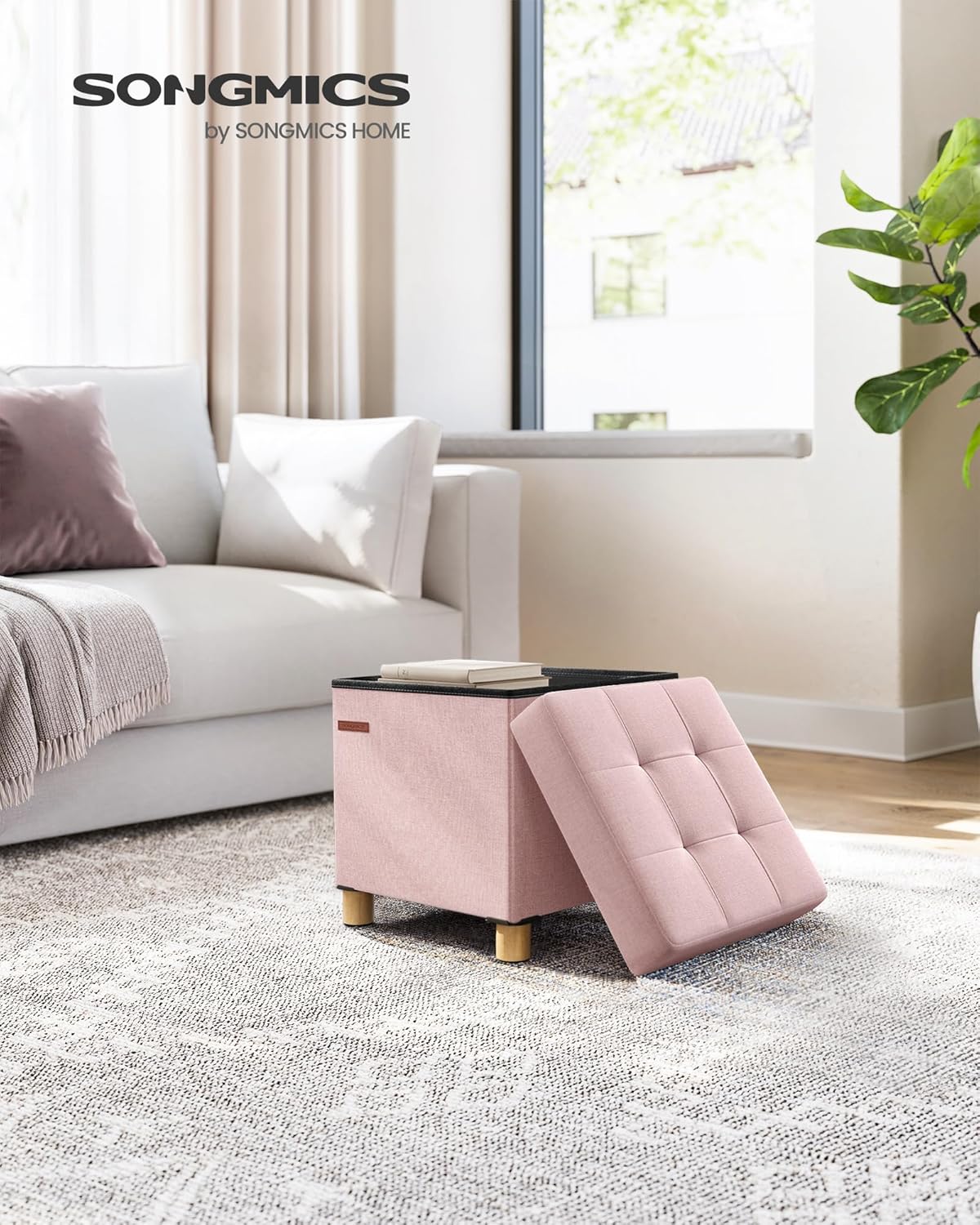 SONGMICS - tabouret pliable 38x38x40 cm, repose-pieds, 300 kg, rangement, Rose Bonbon LSF014P11