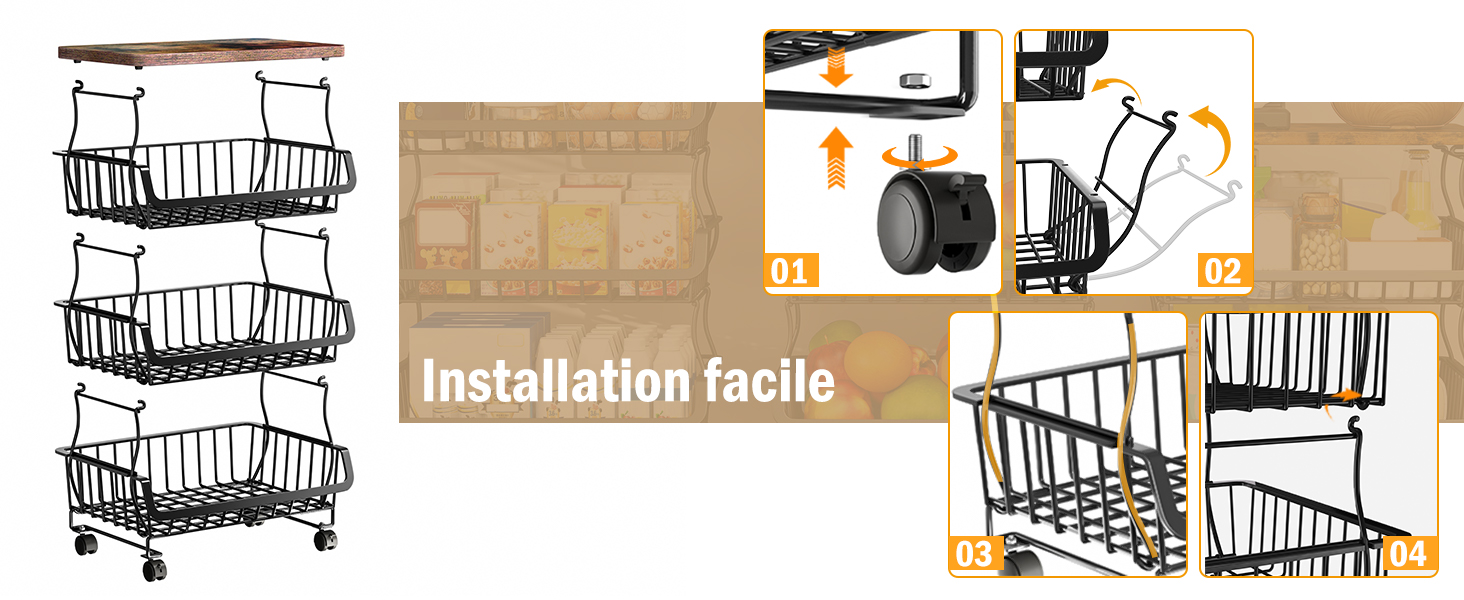 Le texte indique « Installation facile ». Images séquentielles illustrant le processus d'assemblage ou d'installation d'un rack de rangement métallique ou d'un système de rangement, illustrant la configuration étape par étape.