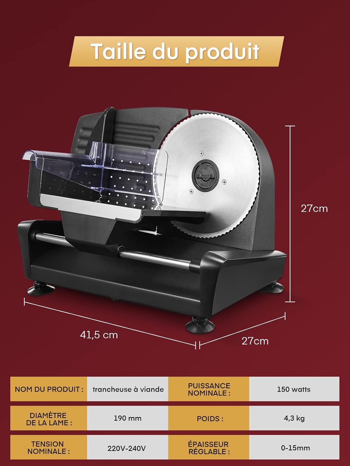 Trancheuse électrique - 200W, 19cm, 2 lames, épaisseur réglable