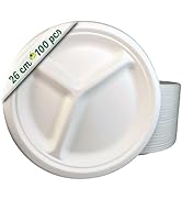 GoBeTree 100 assiettes à canne à sucre jetables 26 cm avec 3 compartiments. Assiettes en canne à ...