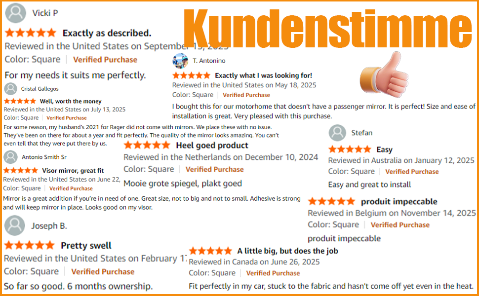 Der Text lautet „Kundenstimme“. Screenshot mehrerer Kundenrezensionen mit Sternebewertungen und Zeitstempeln, der Feedback in deutscher Sprache zeigt.