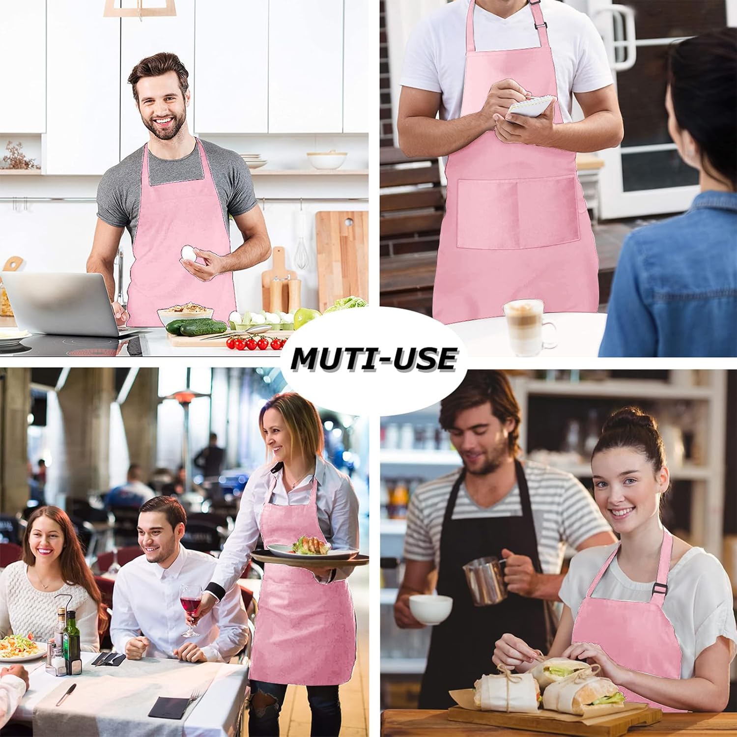 atopo - Tablier chef 4 pack - réglable, étanche, 2 poches - rose