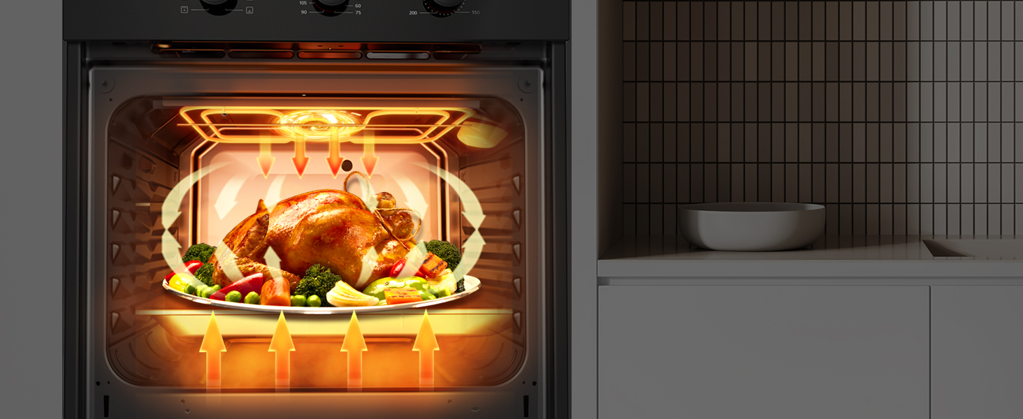 Dinde rôtie sur une assiette avec légumes dans un four illuminé. Cuisine moderne avec mur carrelé et plan de travail visible en arrière-plan