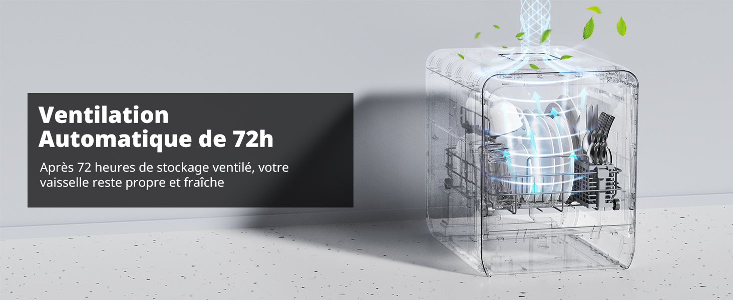 avec fonction de ventilation automatique pendant 72 heures. Le cube transparent montre des étagères intérieures avec de la vaisselle, entourées de feuilles vertes indiquant la fraîcheur.