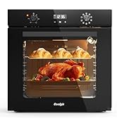 Four moderne noir avec porte vitrée montrant les aliments en cours de cuisson à l'intérieur. Plusieurs images montrant de la dinde rôtie et d'autres plats en cours de préparation.