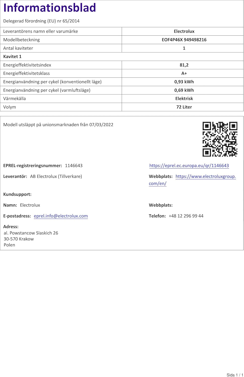 Electrolux - Four Série EOF - 72L, pyrolyse, classe A+ - EOF4P46X