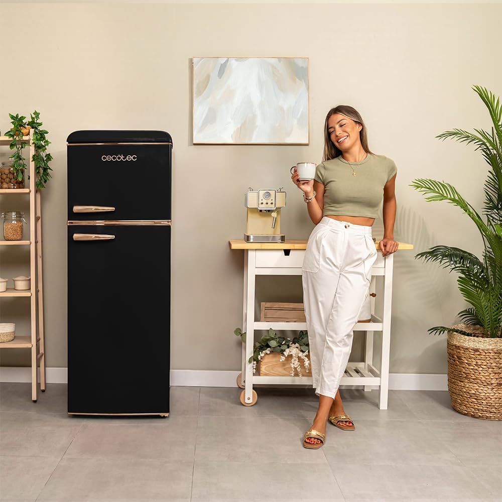 Cecotec - Bolero CoolMarket 2D Origin 215 - 215L, 148x55cm, LED, poignée chromée, étagères verre, noir