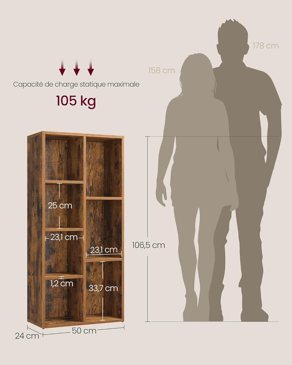 VASAGLE - bibliothèque cubique série LBC27BX - 7 compartiments, rangement salon, marron rustique - LBC27BX