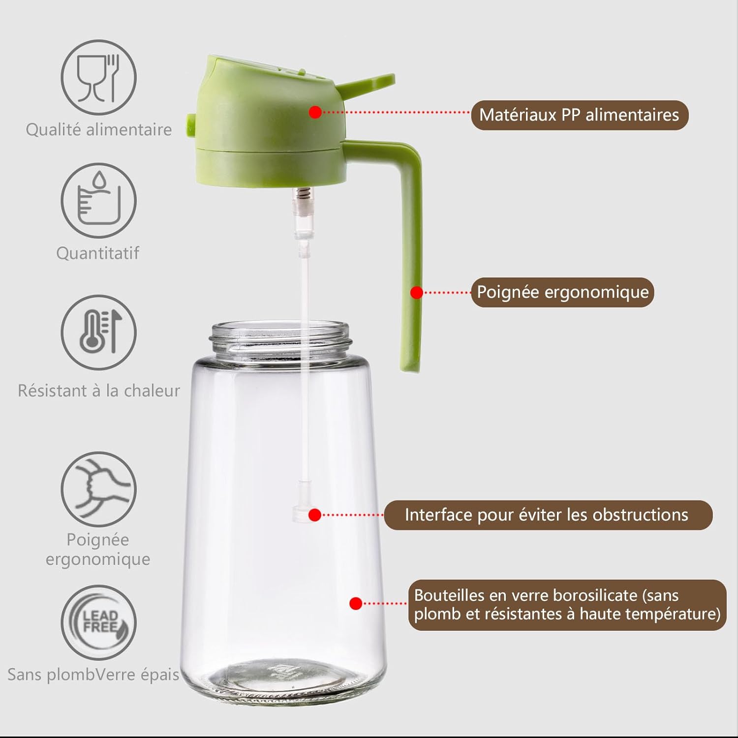 Flacon pulvérisateur d'huile d'olive - verre 470ml - bec verseur 2 en 1, multifonction