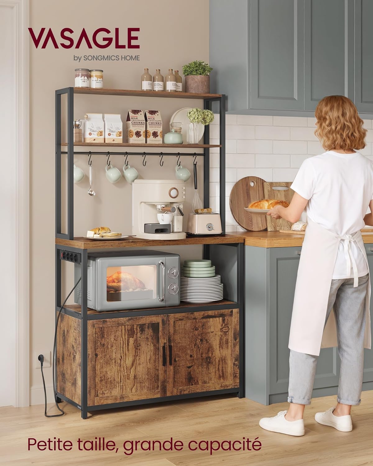 VASAGLE - étagère cuisine série KKS - 40x80x170 cm - plan de travail, multiprise, 8 crochets - KKS059KD02