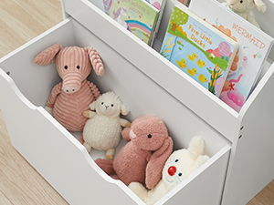 Meuble de rangement blanc à deux compartiments : l'un contenant des peluches, l'autre des livres d'images pour enfants.