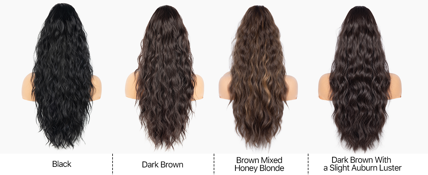 Quatre extensions de cheveux longs et ondulés présentées côte à côte. Les couleurs vont du noir au brun foncé, en passant par le brun et le brun clair. Les étiquettes indiquent les noms des couleurs.