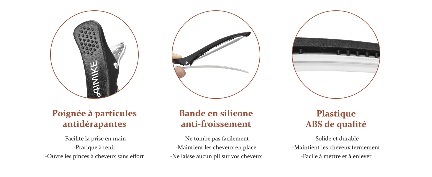 Trois cercles détaillant le produit montrant une poignée antidérapante, un bracelet en silicone et des composants en plastique ABS avec des descriptions textuelles en français