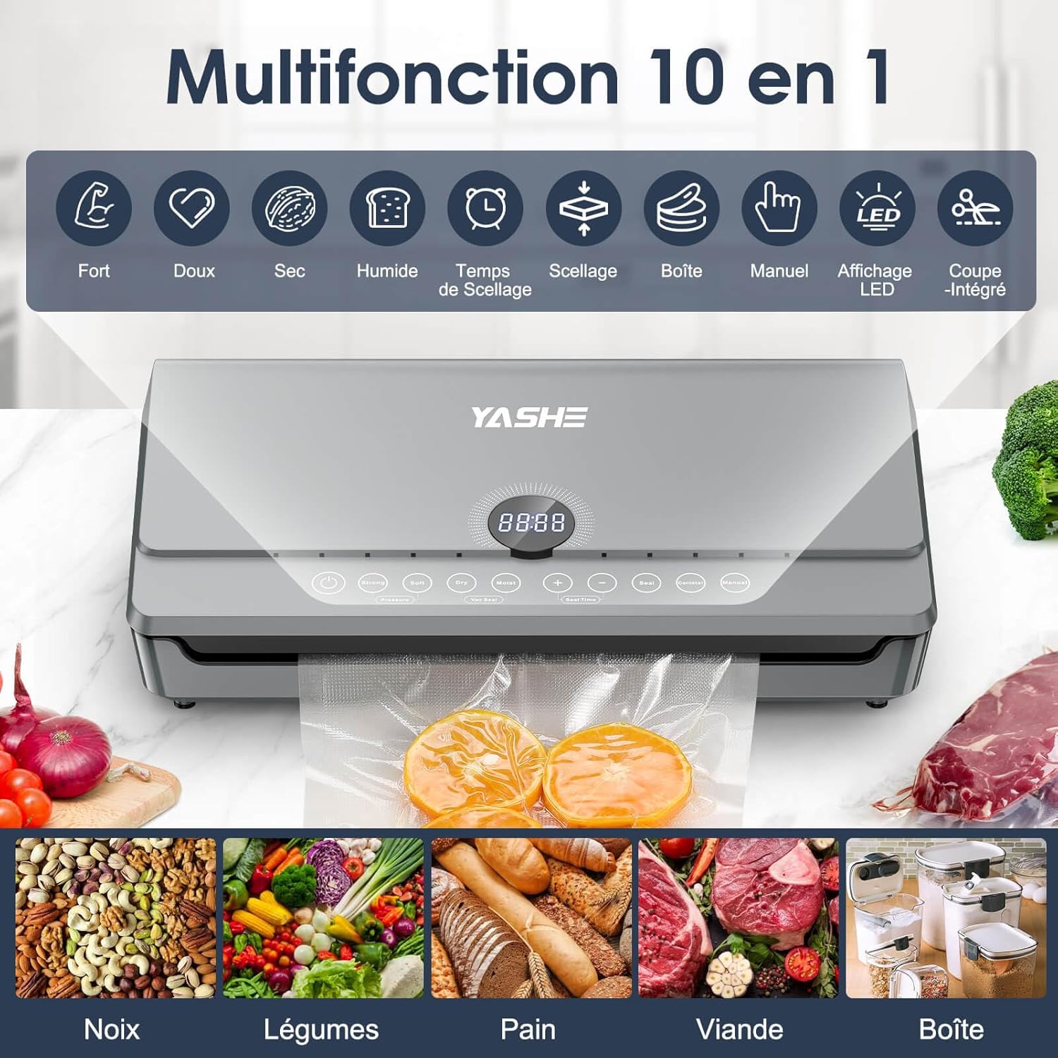 YASHE - Machine sous vide 10-en-1, double pompe, rouleau intégré, 80KPA