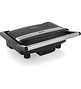 Appareil à griller ou plancha électrique noir présenté sous plusieurs angles, doté d'une surface de cuisson plane et d'un design compact.