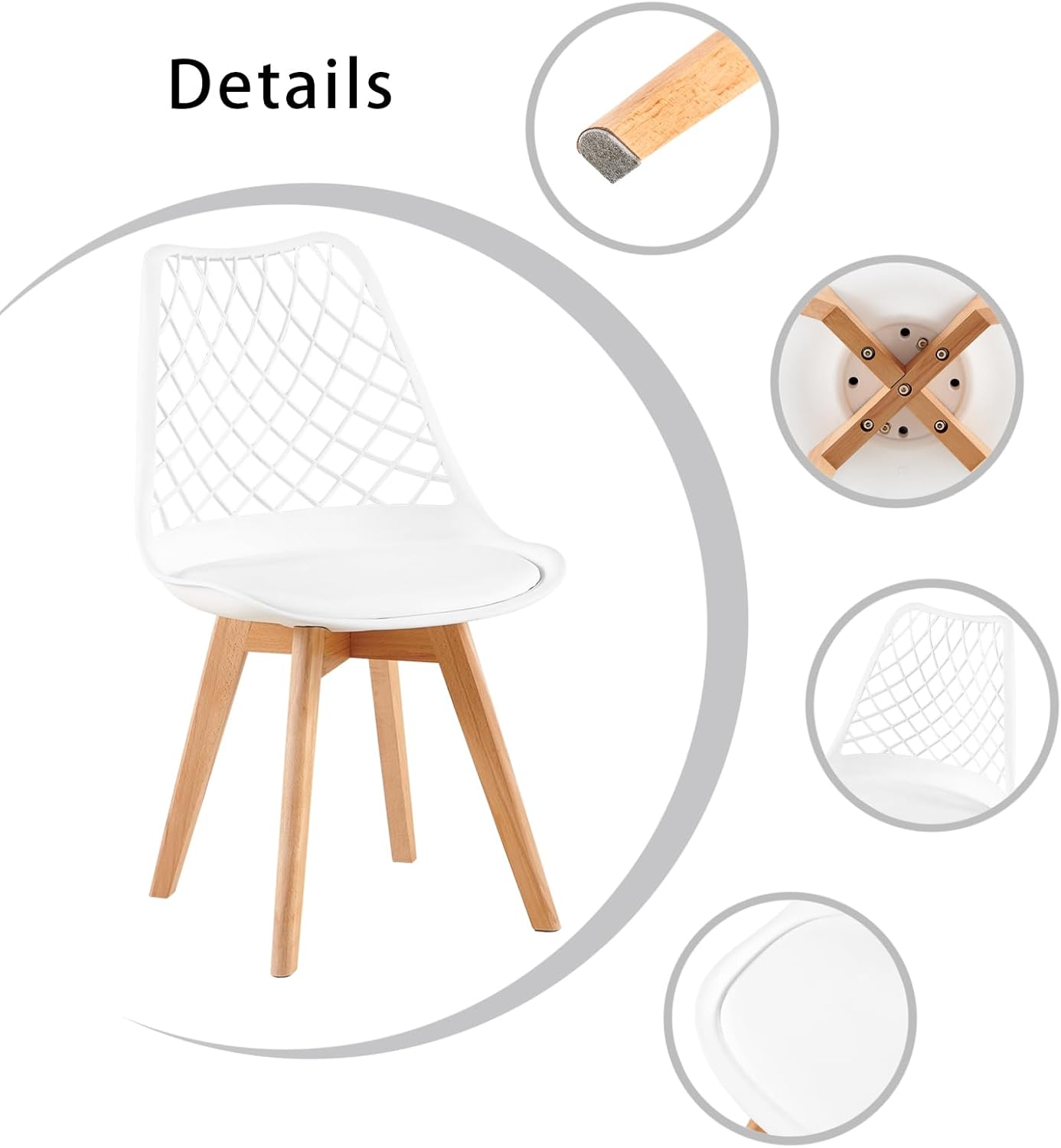 Eggree - Lot de 8 chaises scandinaves blanches, bois hêtre, assise creusée, coussin, motifs ajourés, testées SGS