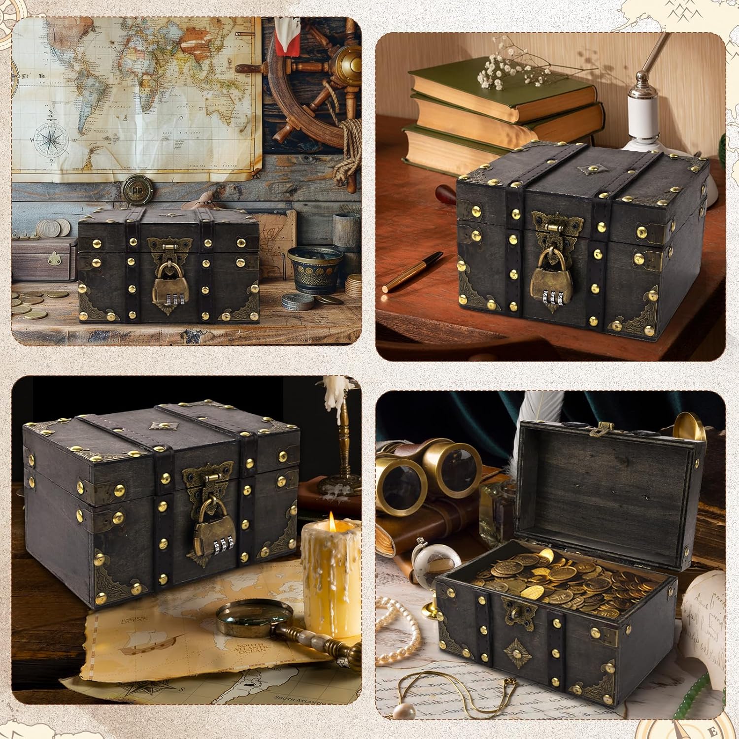 Coffre Trésor Vintage en Bois - boîte à code, cadenas pirate, gris, idéal enfant décor.